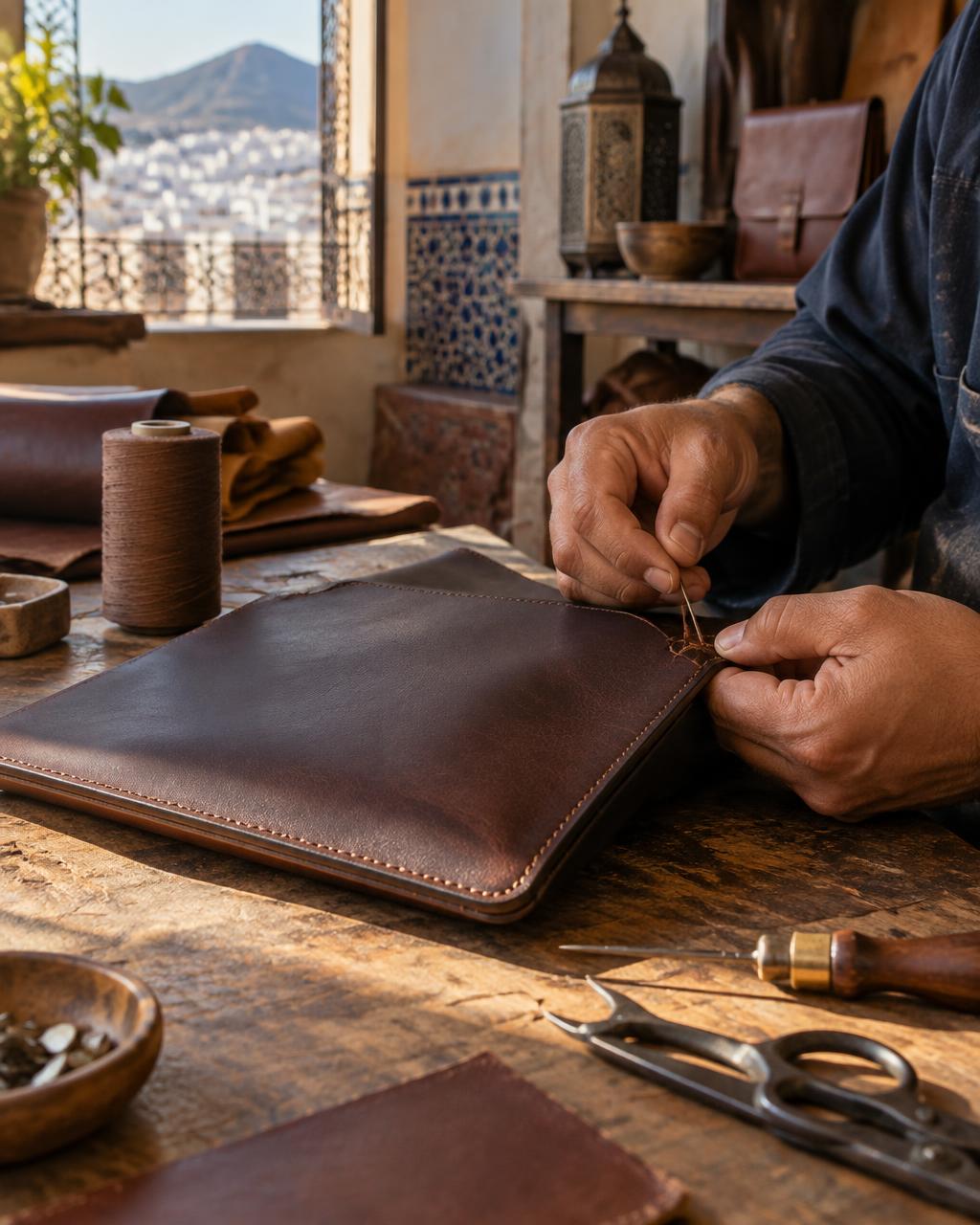 Illustrative editorial photograph of leather stitching